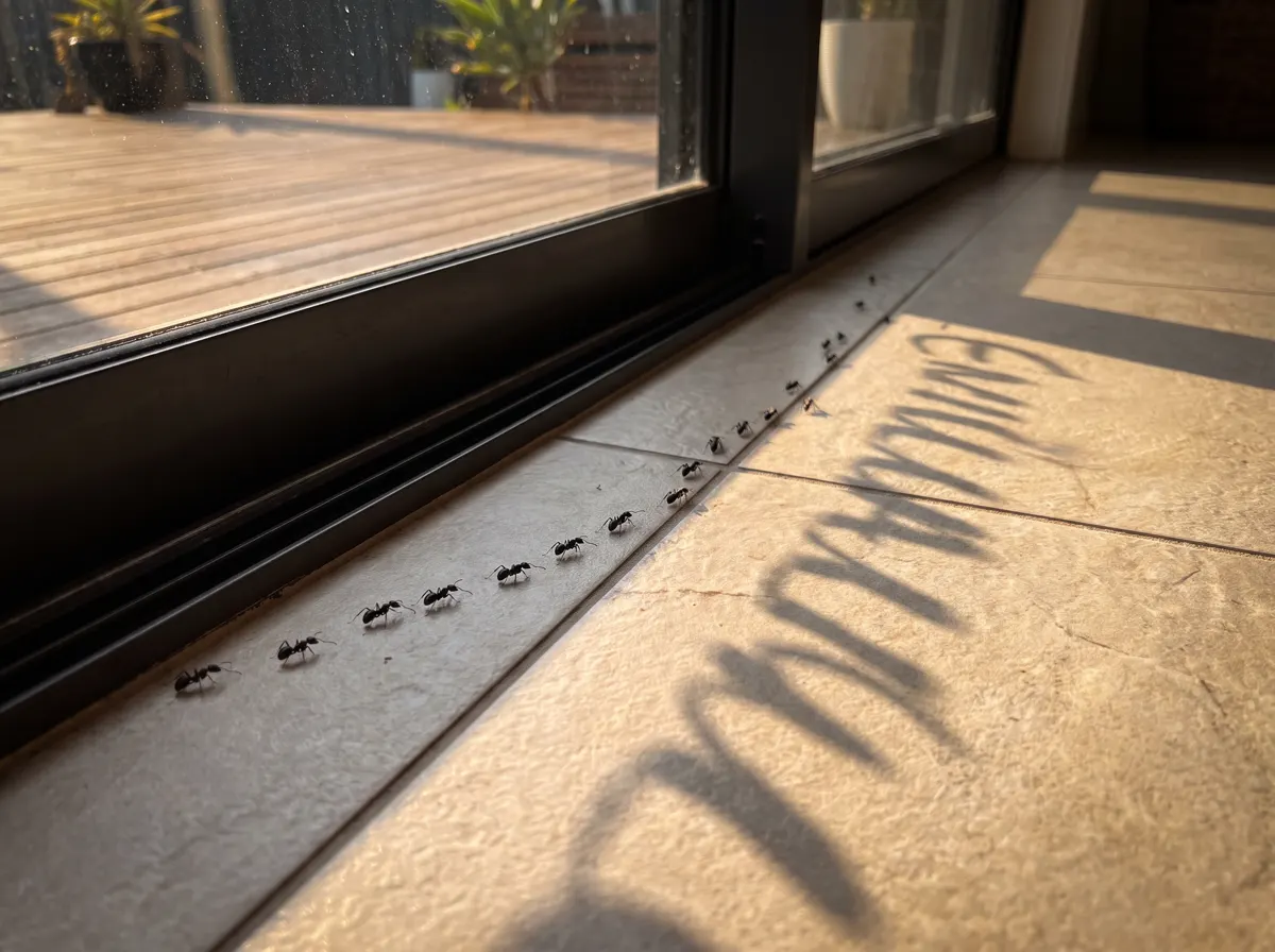 Ants crossing floor tiles by a sliding door, the trail an ant treatment cuts off at the nest