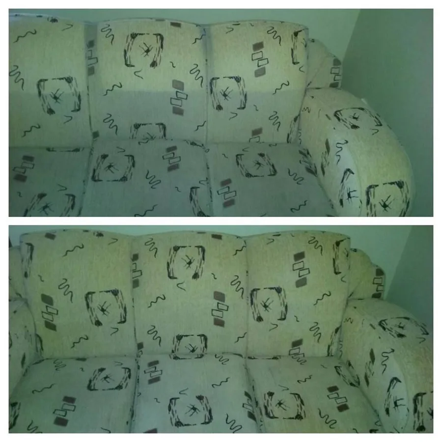 A fabric couch half cleaned, the cleaned side visibly brighter