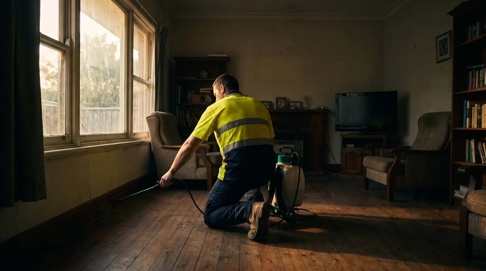 A pest technician kneeling to treat along the skirting board beneath a window
