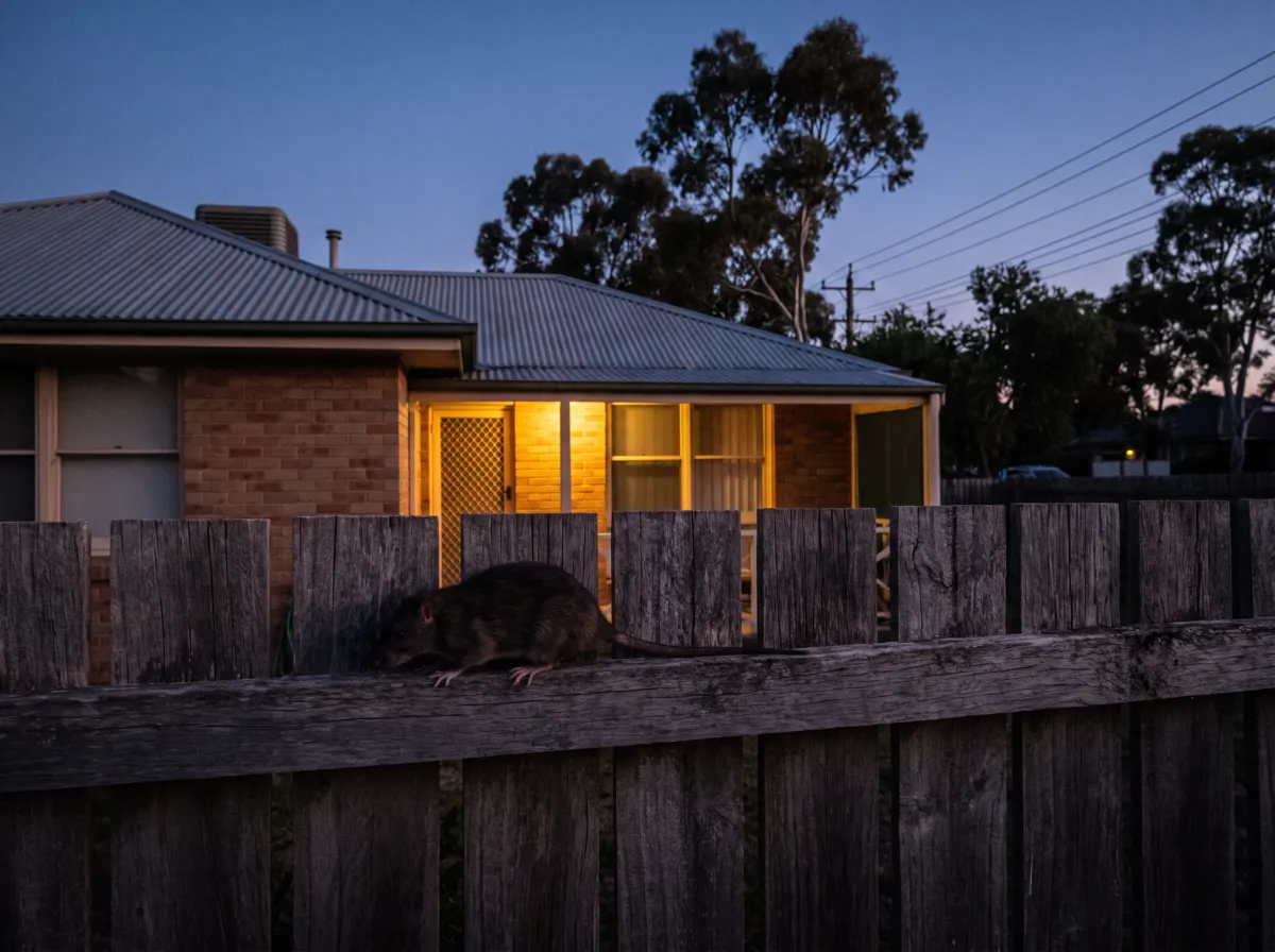 A rat on a paling fence at dusk, headed for the roofline