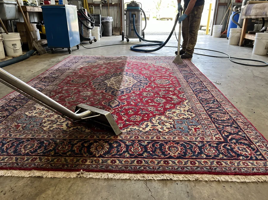 A patterned wool rug being cleaned, half the rug visibly brighter
