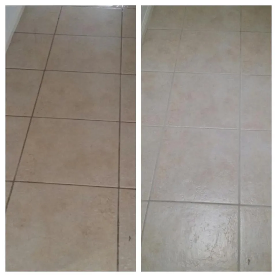 Side by side, beige tiles with darkened grout and the same tiles with the grout returned to light